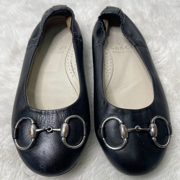 Gucci Kid's Girl's Black Leather Horsebit Ballet Flats Shoes Size 27